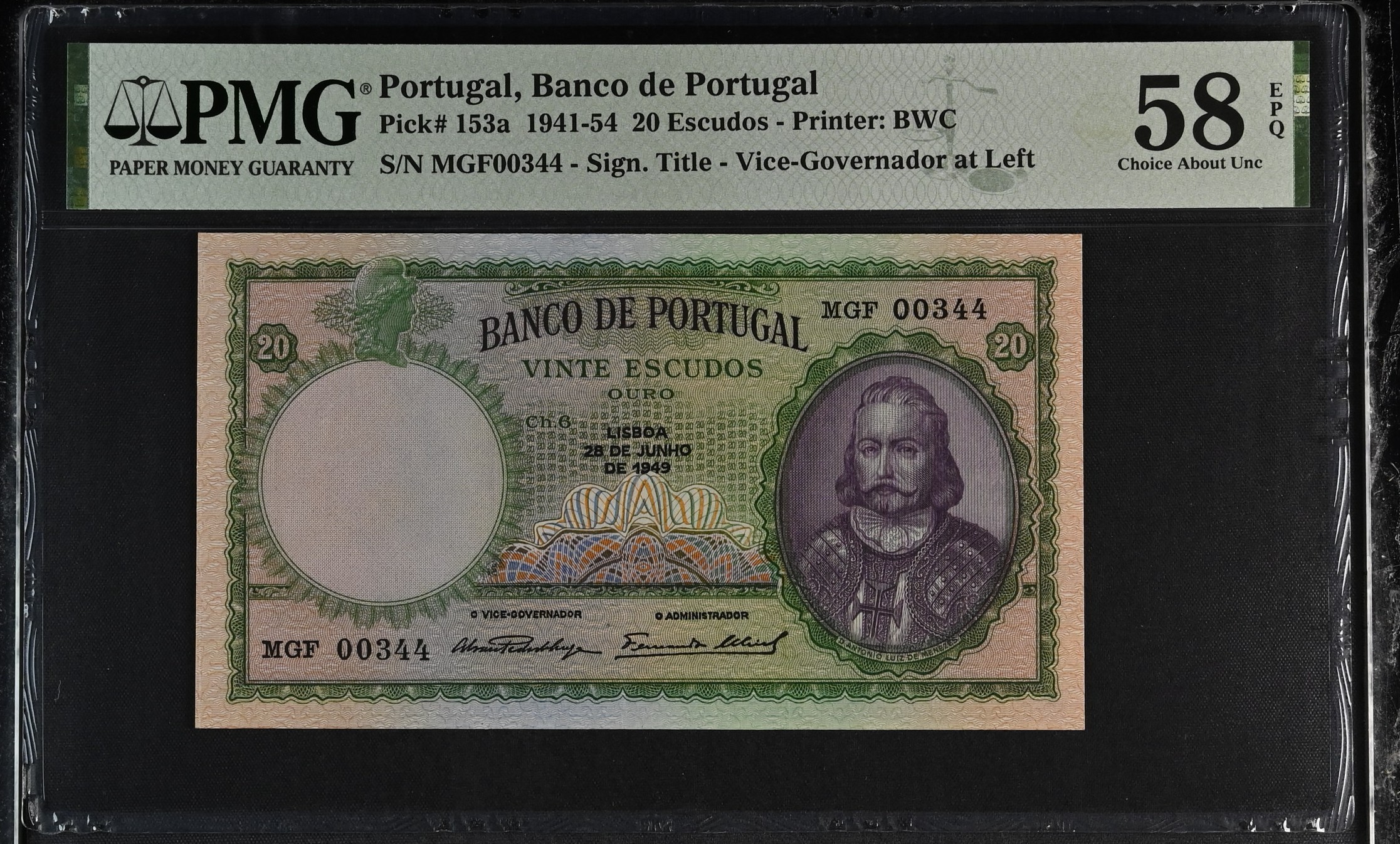 20 Escudos D. António Luiz de Menezes 28.06.1949 PMG58
