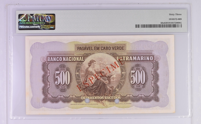 Cabo Verde "SPECIMEN", 500 Escudos 16 de junho de 1958 PMG 63
