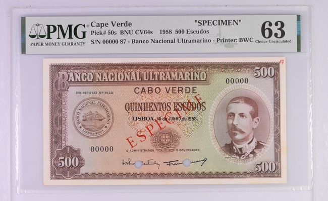 Cabo Verde "SPECIMEN", 500 Escudos 16 de junho de 1958 PMG 63