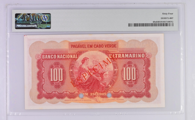 Cabo Verde "SPECIMEN", 100 Escudos 16 de junho de 1958 PMG 64
