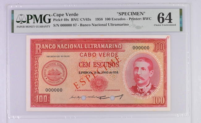 Cabo Verde "SPECIMEN", 100 Escudos 16 de junho de 1958 PMG 64