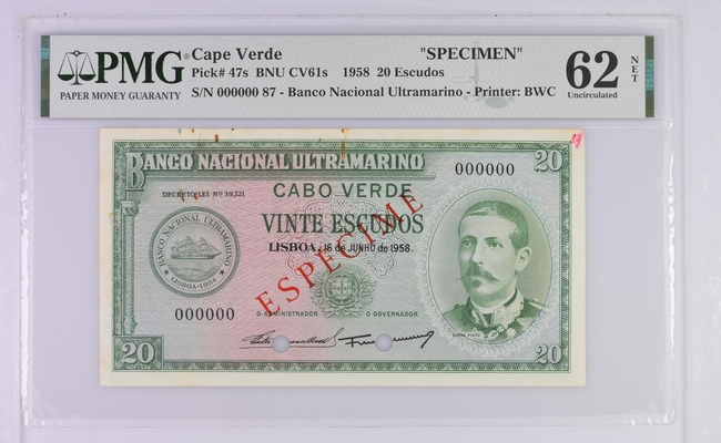 Cabo Verde "SPECIMEN", 20 Escudos 16 de junho de 1958 PMG 62
