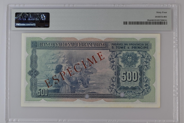 São Tomé e Príncipe "SPECIMEN", 500 Escudos 18 de abril de 1956 PMG 64