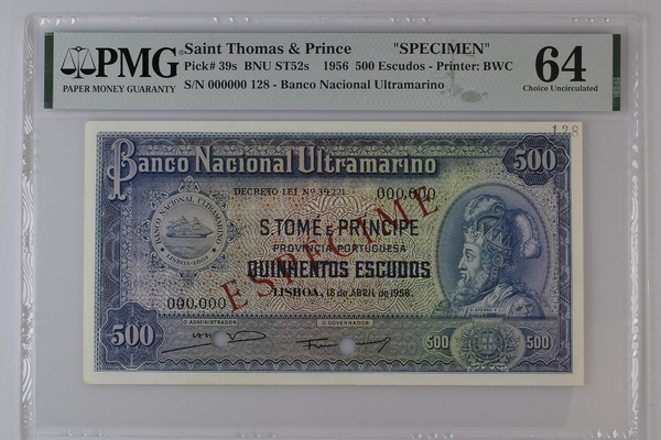 São Tomé e Príncipe "SPECIMEN", 500 Escudos 18 de abril de 1956 PMG 64