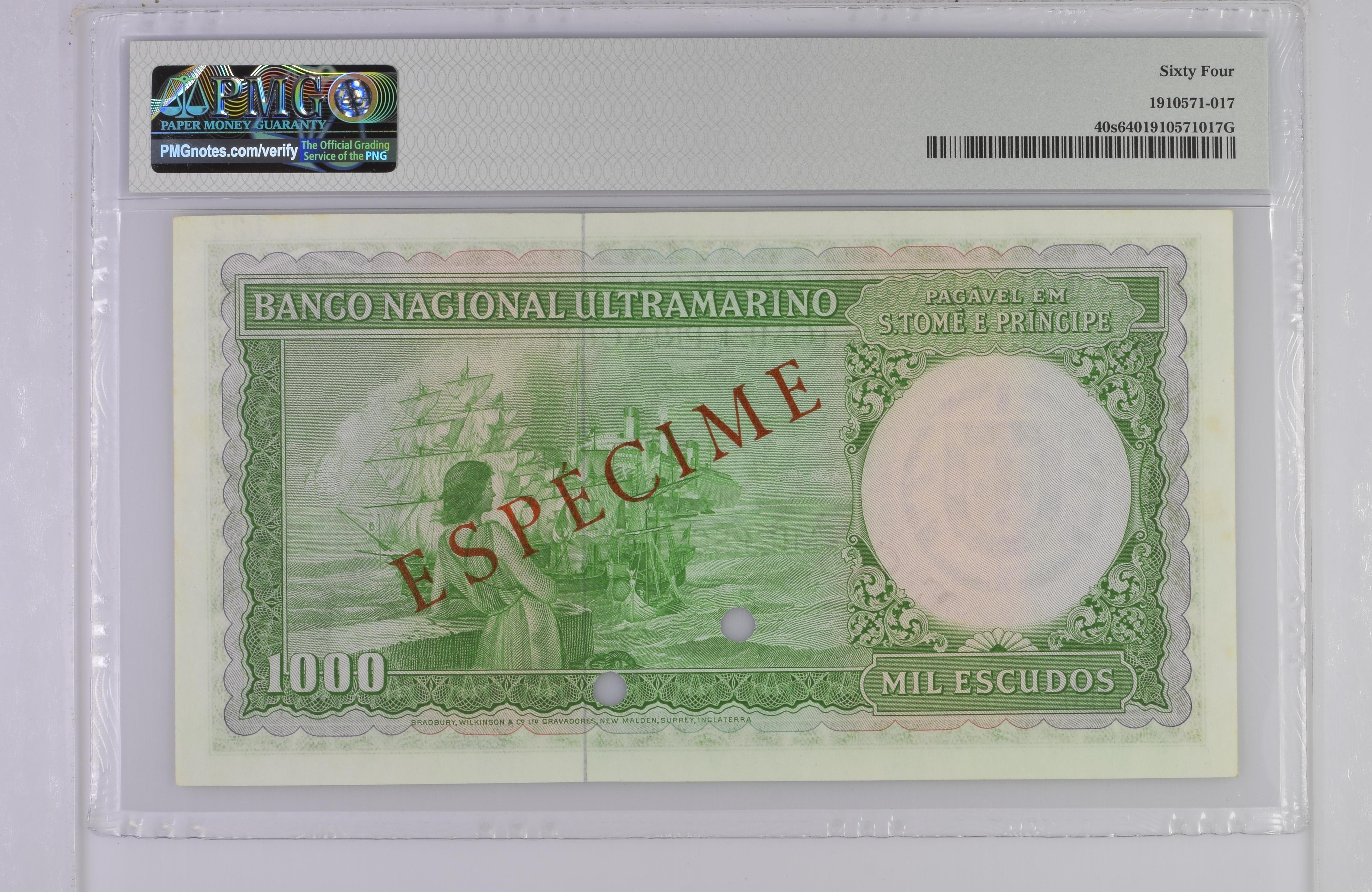 São Tomé e Príncipe "SPECIMEN", 1000 Escudos 11 de maio de 1964 PMG 64