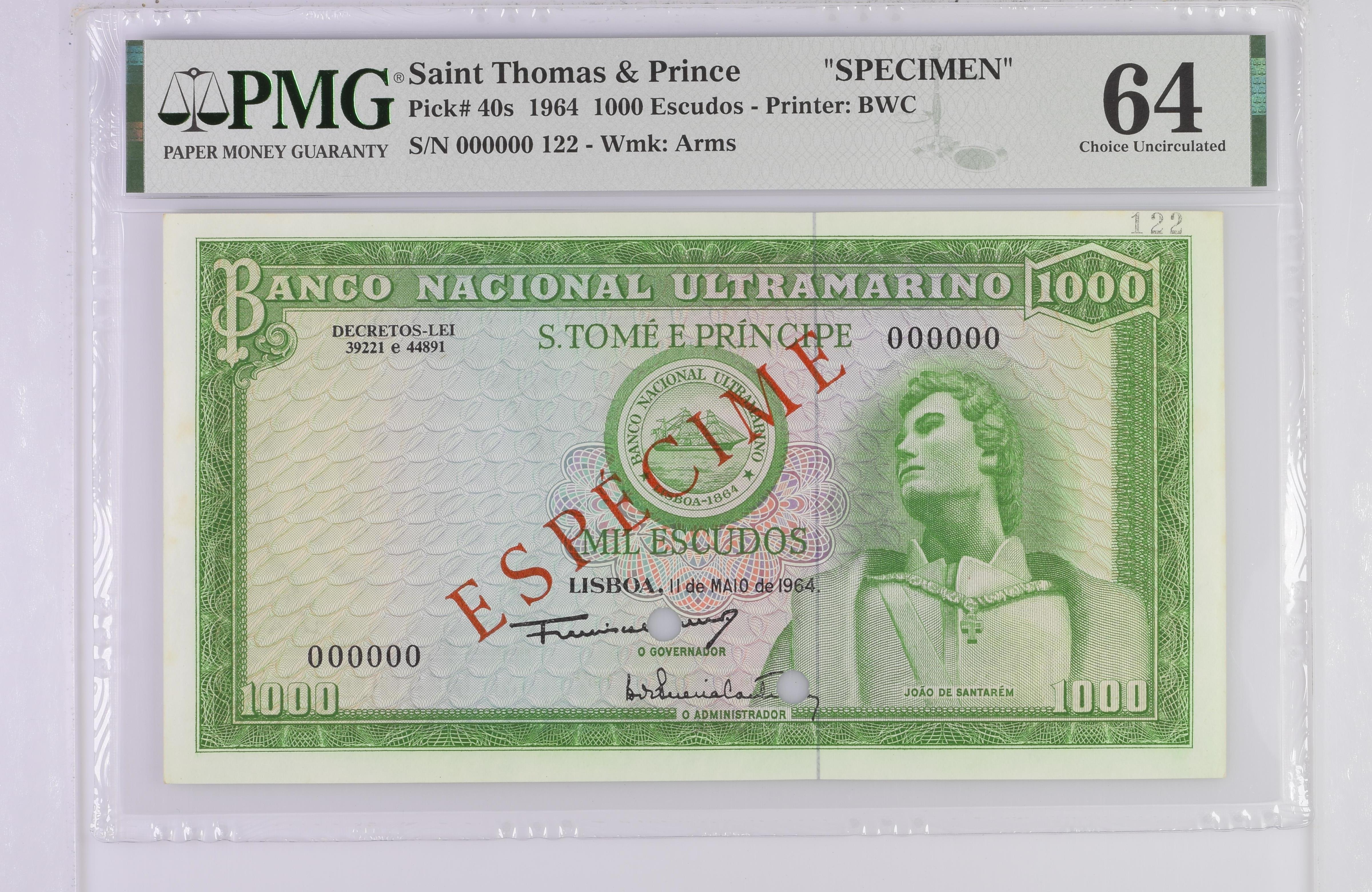 São Tomé e Príncipe "SPECIMEN", 1000 Escudos 11 de maio de 1964 PMG 64