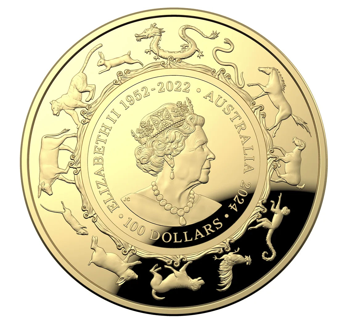 Australia 100 Dólares Ano do Dragão 2024 1oz ouro Proof